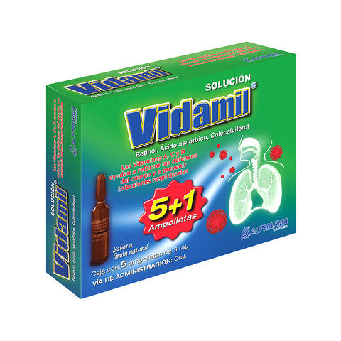 Retinol, Acido Ascórbico, Colecalciferol Sol Ampolleta Vidamil Caja con 5 ampolletas 5+1 A ALPHARMA