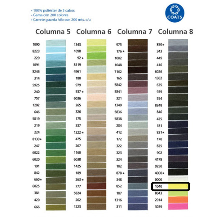 Hilo Para Coser 200 M 100 % Poliéster 3 Cabos Coats #1040 Gama Fluorescente o Gama Neon