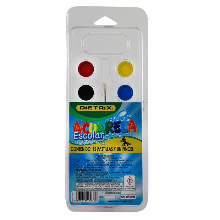 Acuarelas Escolar 12 Pastillas y 1 Pincel Dietrix