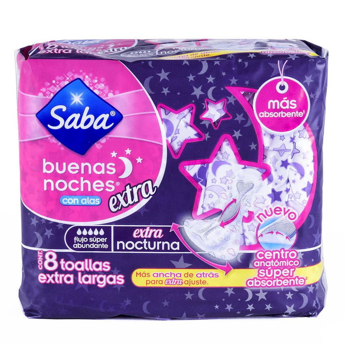 Saba Toallas Sanitarias Nocturna Buenas Noches con Alas  con 8 Piezas