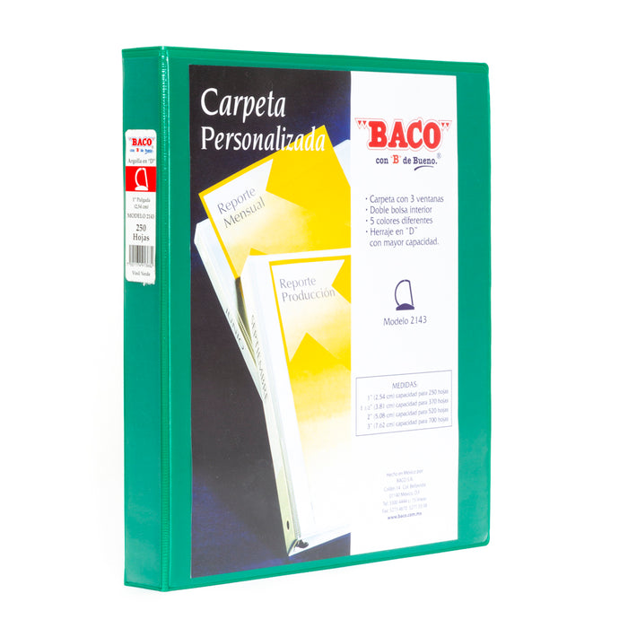 Carpeta Vinil Verde Carta Arillo 1 pulgada para 250 Hojas con Ventana Baco