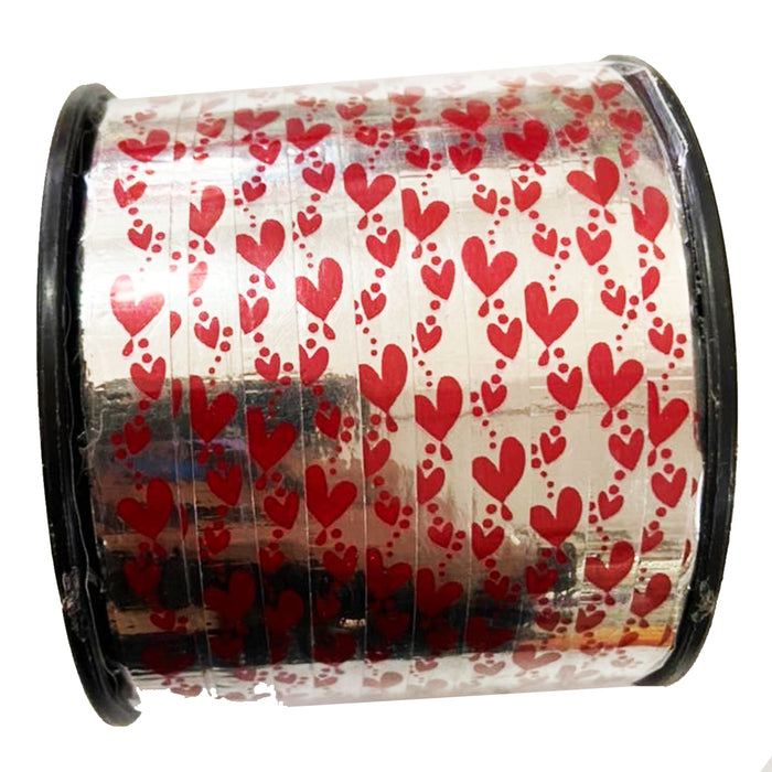 Listón Curling Metálico Rollo 100 Mts Rojo Corazones