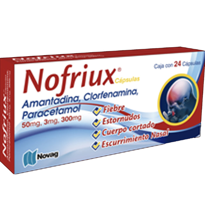 Nofriux capsulas Amantadina 50 mg, Clorfenamina 3 mg, Paracetamol 300mg con 24 capsulas Novag