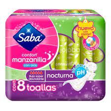 Saba Toallas Sanitarias Nocturna con Alas  Manzanilla con 8 Piezas