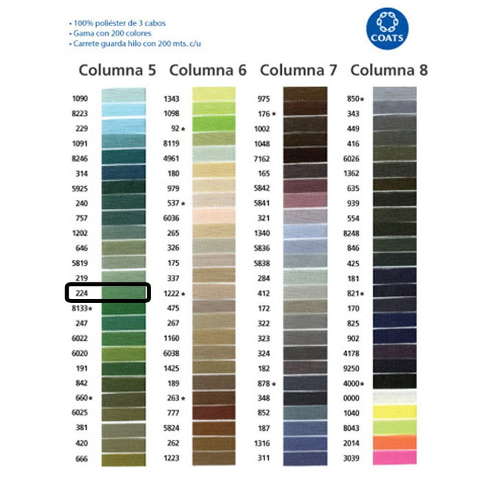 Hilo Para Coser 200 M 100 % Poliéster 3 Cabos Coats #224 Gama Verde