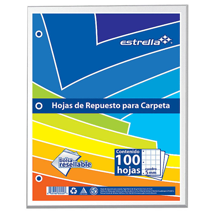 Hojas de Repuesto para Carpeta Carta Cuadricula 5 mm 100 hojas Estrella