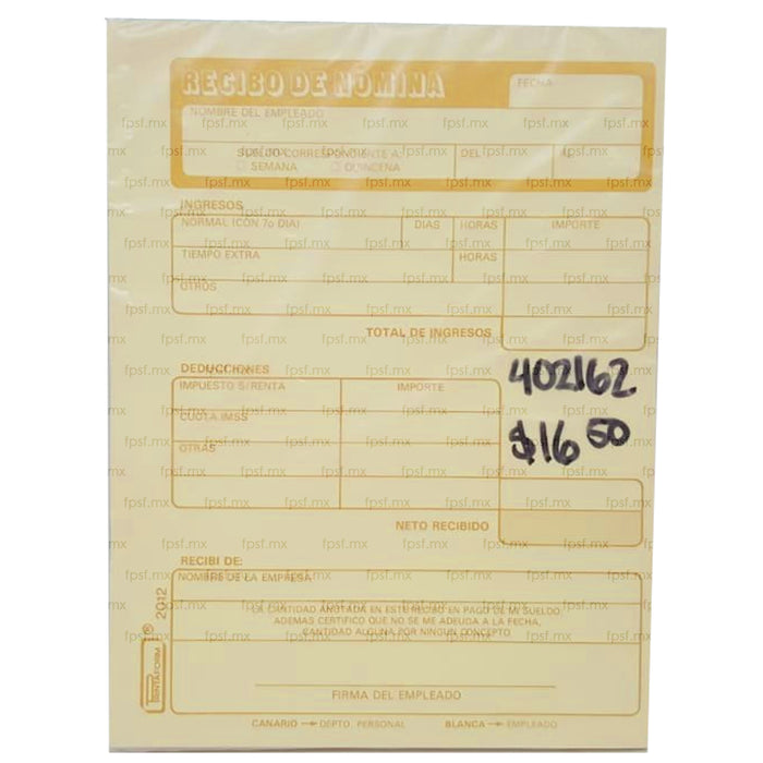 Recibo de Nomina 25 Juegos Printaform #2012 10.5 x 14 cm