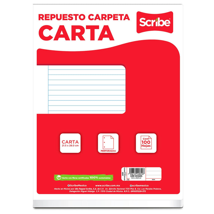Hojas de Repuesto para Carpeta Carta Raya 100 hojas Scribe