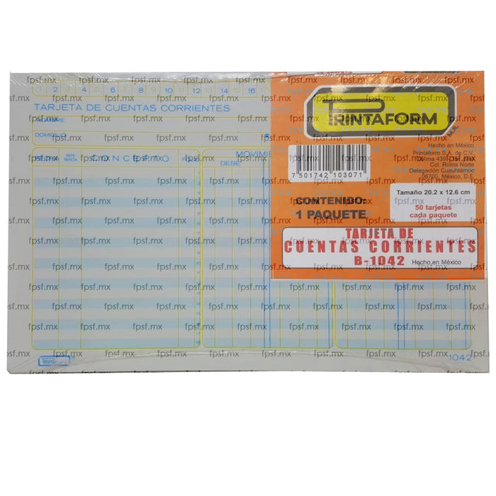 Tarjetas de Cuentas Corrientes 50 piezas Printaform B-1042 20 x 13 cm