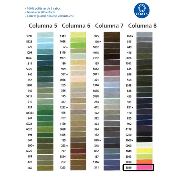 Hilo Para Coser 200 M 100 % Poliéster 3 Cabos Coats #3039Rosa Fluorescente o Gama Neon