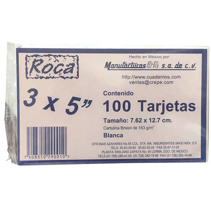 Ficha Tarjeta Blanca Bibliografica 100 piezas 3" x 5'' Roca