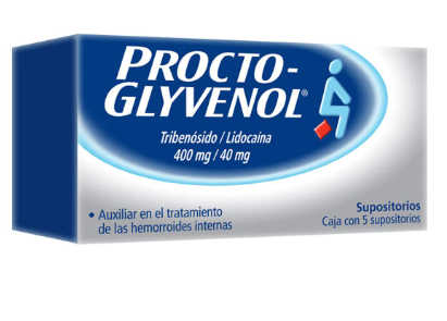 Procto Glyvenol Tribenosido/Lidocaina 400 mg/ 40 mg. con 5 Supositorios Auxiliar para Hemorroides Internas GlaxoSmithKline