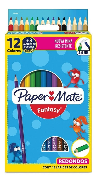 Lápices de Colores Redondos Largos 12+3 Piezas Paper Mate Fantasy