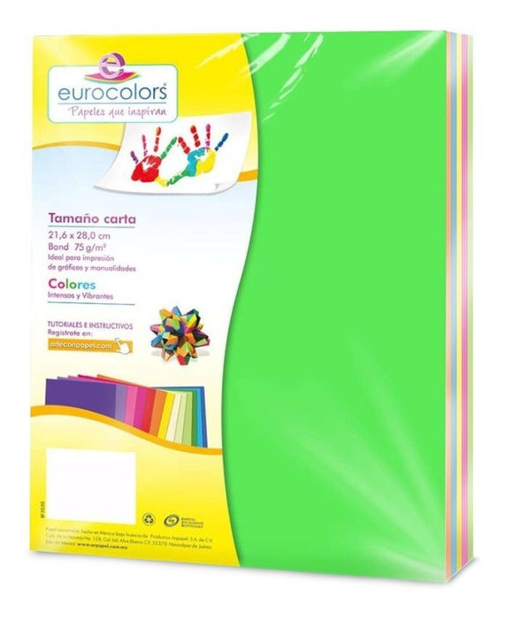 Paquete 100 Hojas De Colores T/Carta Arcoíris Neón Eurocoloris